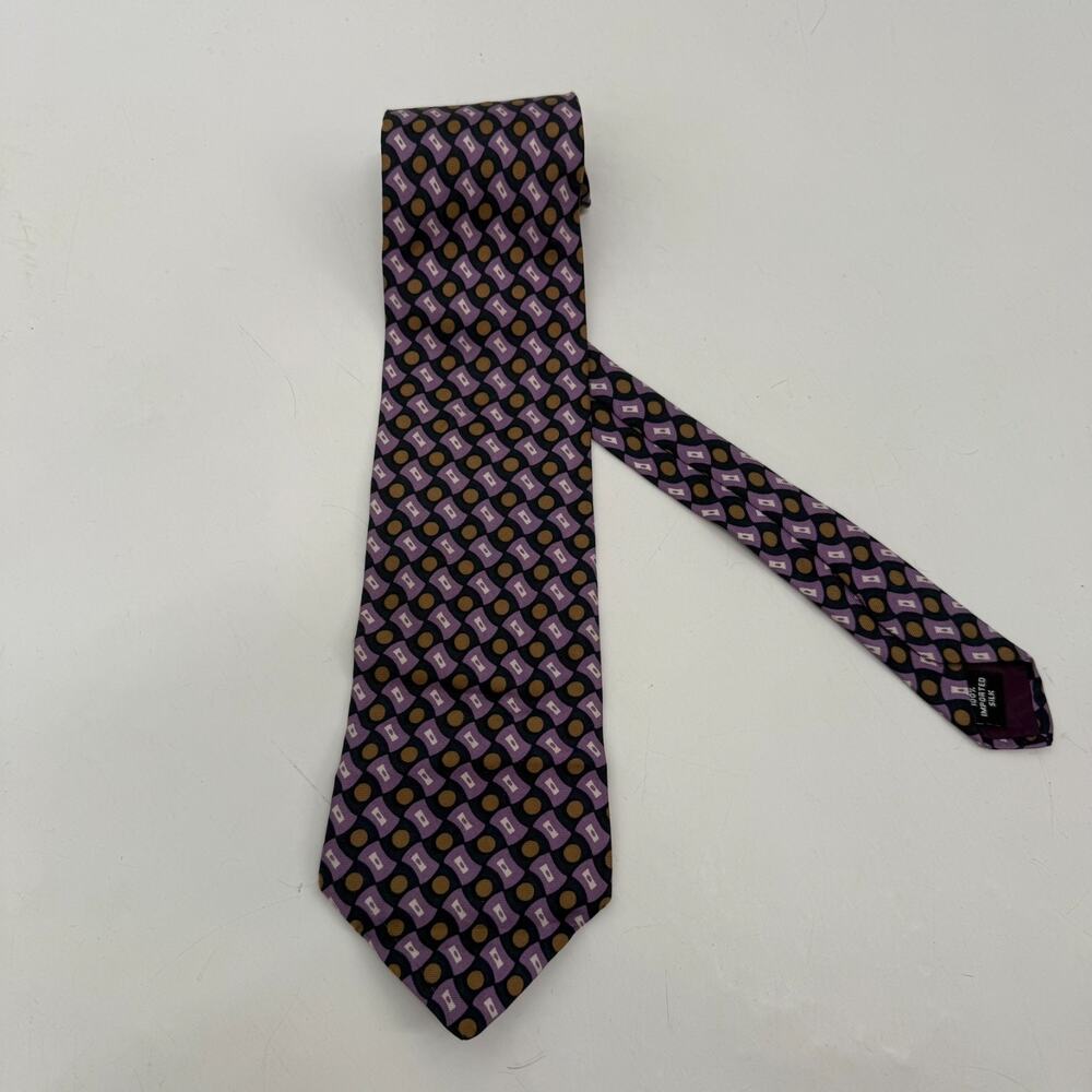 Ted Lapidus Silk Necktie Mens 57" X 4" Black Purple Geometric Classic Adjustable